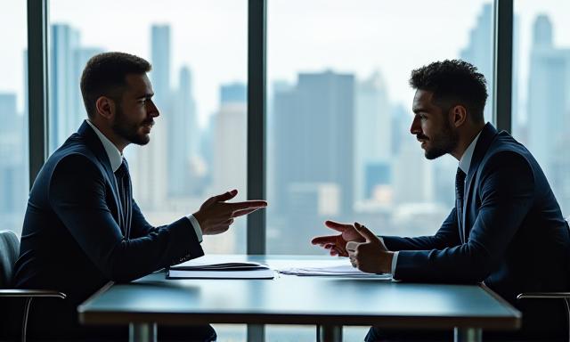 Two professionals discussing a contract high-rise office