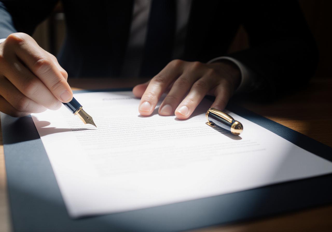 Close-up of a legal professional meticulously reviewing a multi-page contract